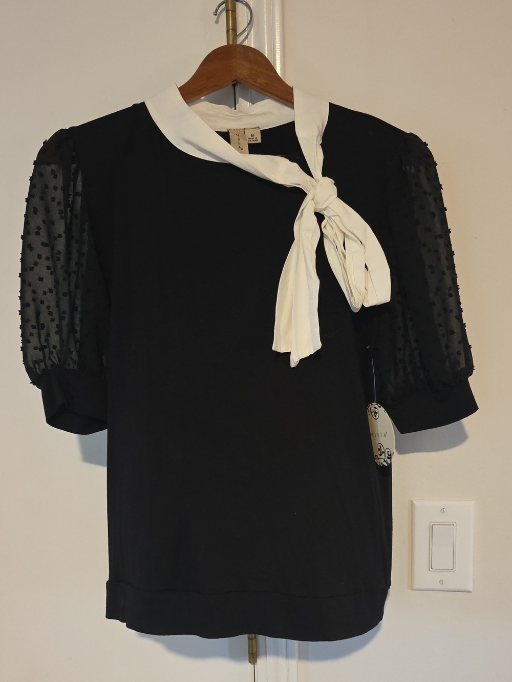 Misia Black Top with White Tie-Neck and Sheer Puff Sleeves